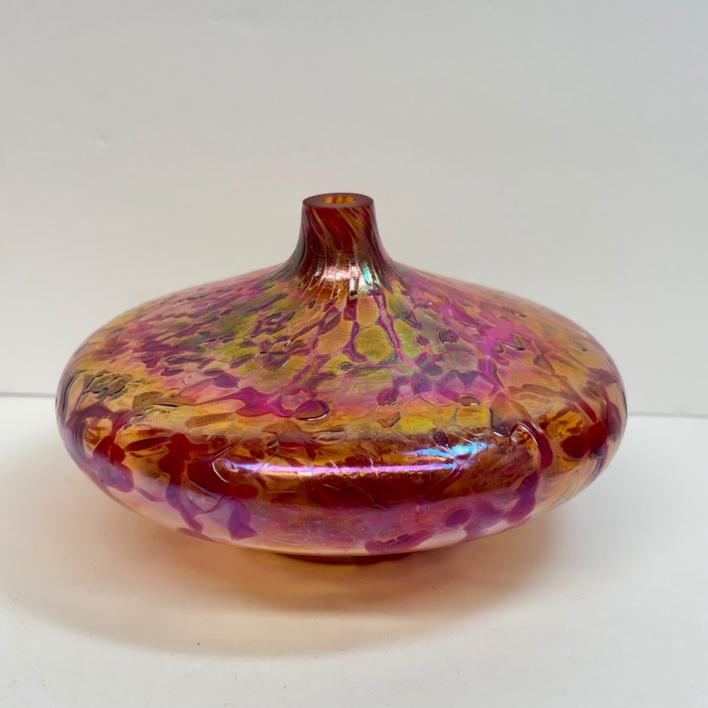 Artist Signed Iridescent Studio Art Glass Bud Vase Pink Gold Small Vintage 1996